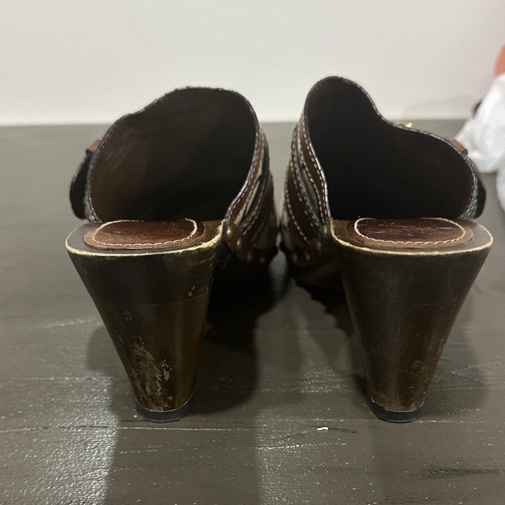 Coach Brown and Tan Mules with Gold Buckle - Picture 3 of 7